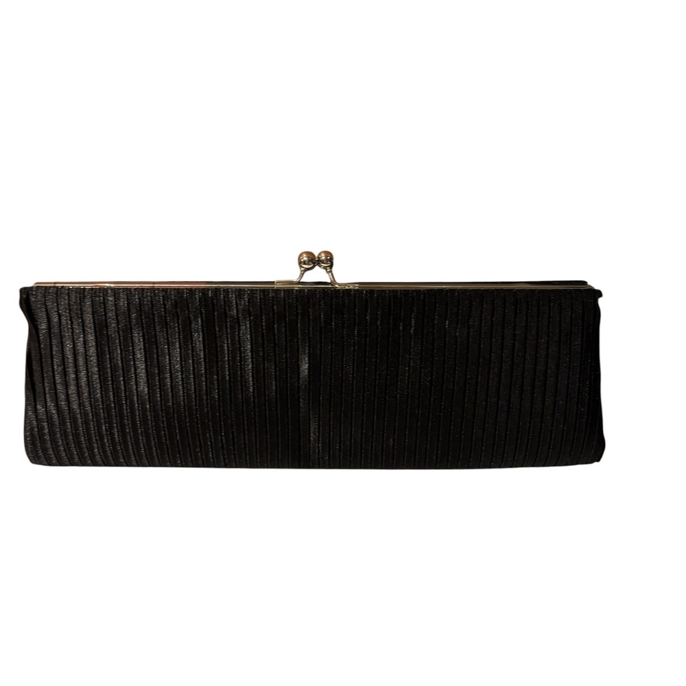 Black Pleated Satin Evening Clutch Bag Silver Kiss Lock Chain Strap Formal‎